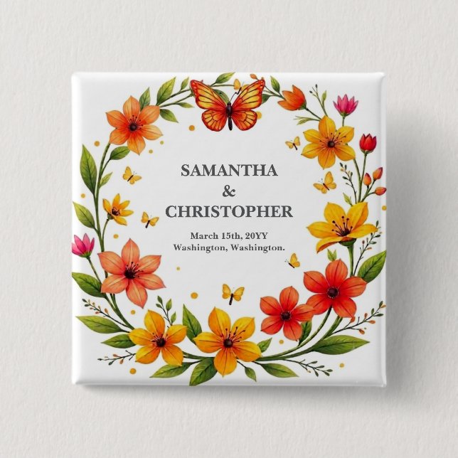 Floral Butterflies Wreath Wedding Custom Text Button (Front)