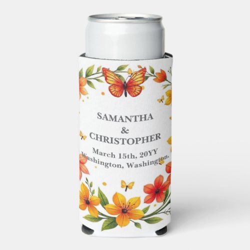 Floral Butterflies Wreath Wedding Custom Text Seltzer Can Cooler