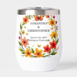 Floral Butterflies Wreath Wedding Custom Text Thermal Wine Tumbler