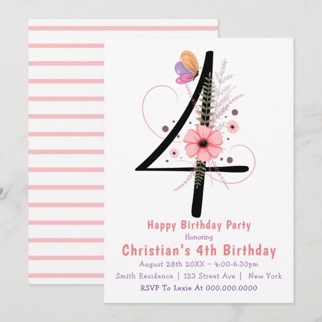 Floral Butterfly 4th Birthday Invitations (Front/Back)