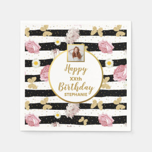 Floral Butterfly Any Age Custom Photo Birthday Napkins