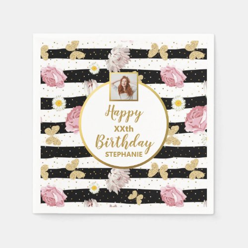 Floral Butterfly Any Age Custom Photo Birthday Napkins