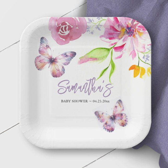 Floral Butterfly Baby Shower Disposable Paper Plates (Purple butterfly baby shower decorations personalized paper plates watercolor florals by Victoria)