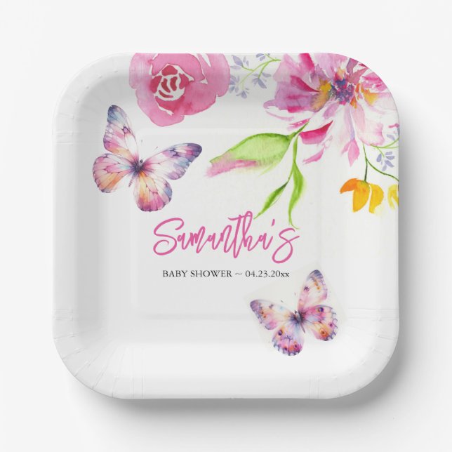 Floral Butterfly Baby Shower Disposable Paper Plates (Front)