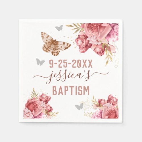 Floral Butterfly Baptism Personalized Paper Napkin
