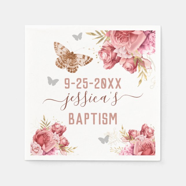 Floral Butterfly Baptism Personalized Paper Napkin (Front)
