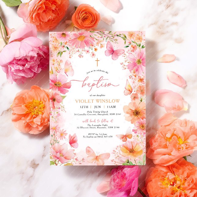 Floral Butterfly Baptism Pink Orange Girl Invitation (Pink Orange Baptism Invitation with vibrant flowers and butterflies. )