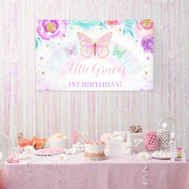 Floral Butterfly Birthday Backdrop Banner (Party)