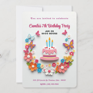 Floral Butterfly Birthday Cake Papercraft Design Invitation