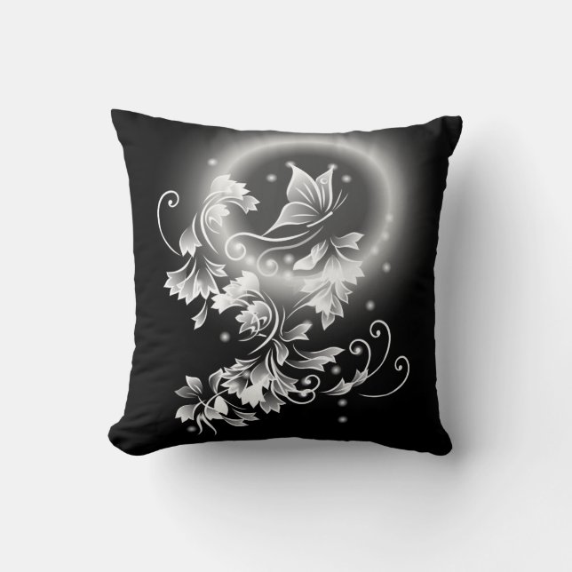 Floral Butterfly Black And White Fantasy Throw Pillow (Front)