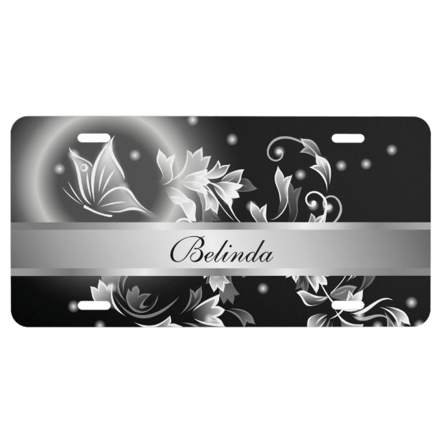 Floral Butterfly Black And White License Plate (Front)