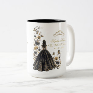 Floral Butterfly Black Gold Tiara Quinceañera Two-Tone Coffee Mug