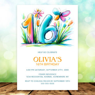 Floral Butterfly Blue Orange 16th Birthday Party Invitation