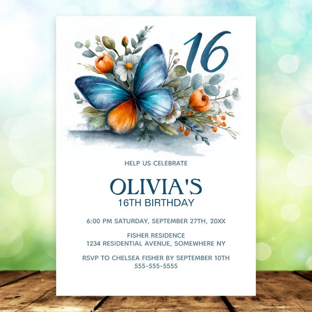 Floral Butterfly Blue Orange 16th Birthday Party Invitation (Creator Uploaded)