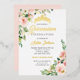 Floral Butterfly Blush Pink Gold Quinceanera Foil Invitation