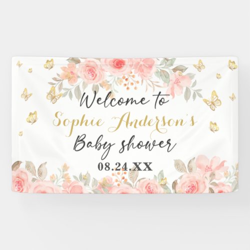 Floral Butterfly Blush Pink Rose Gold Baby Shower  Banner