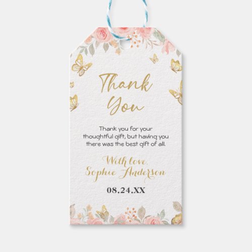 Floral Butterfly Blush Pink Rose Gold Baby Shower  Gift Tags