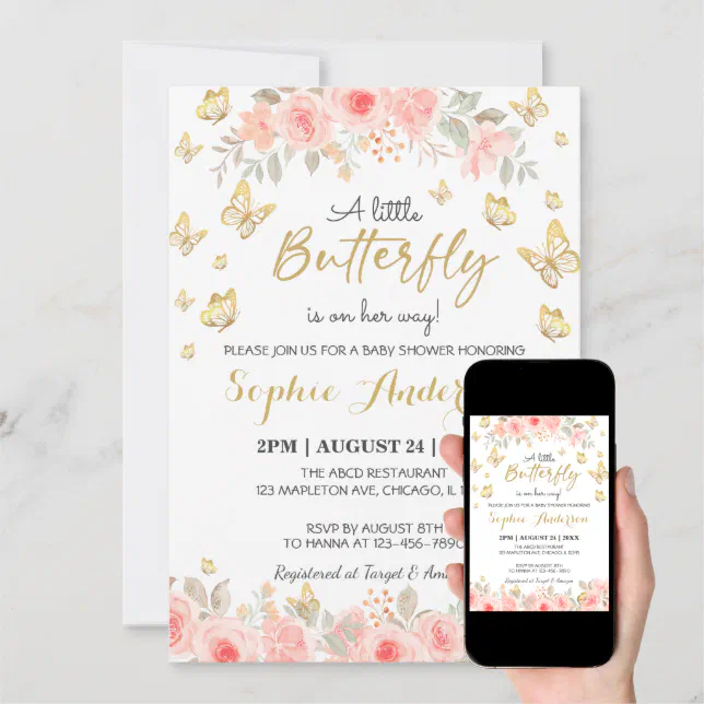 Floral Butterfly Blush Pink Rose Gold Baby Shower Invitation Zazzle
