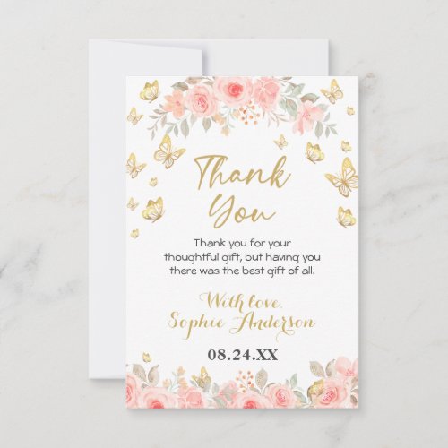 Floral Butterfly Blush Pink Rose Gold Baby Shower Thank You Card