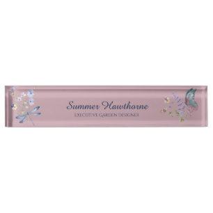 Floral Butterfly Botanical Cottage Core Mauve Pink Desk Name Plate