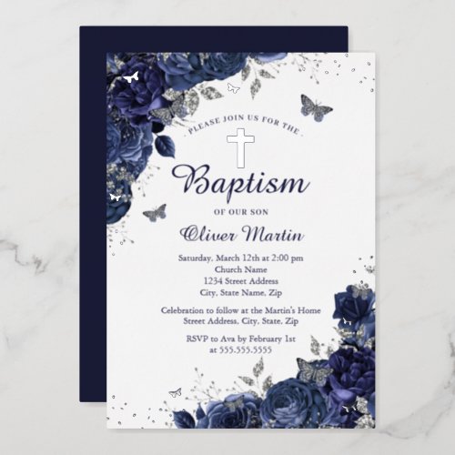 Floral Butterfly Boy Navy Blue Baptism  Foil Invitation