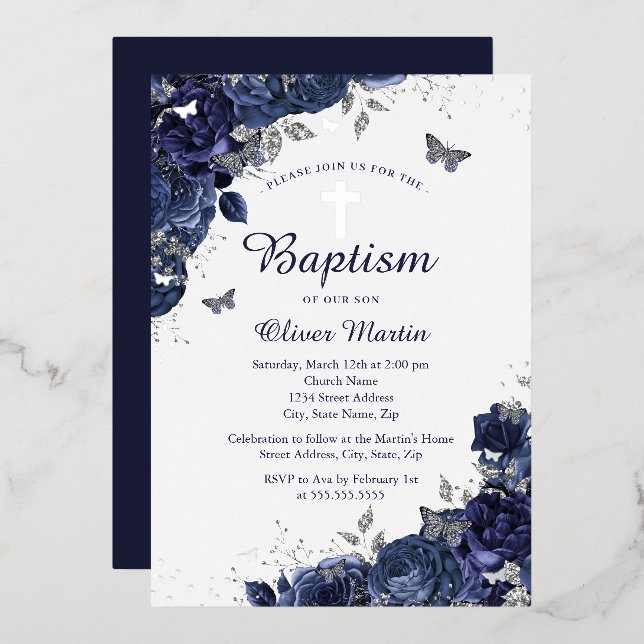 Floral Butterfly Boy Navy Blue Baptism  Foil Invitation (Front/Back)