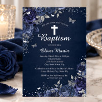 Floral Butterfly Boy Silver Navy Blue Baptism 
