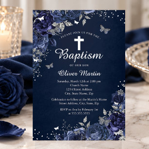 Floral Butterfly Boy Silver Navy Blue Baptism  Foil Invitation