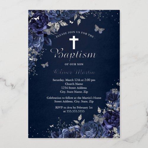 Floral Butterfly Boy Silver Navy Blue Baptism  Foil Invitation