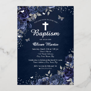 Floral Butterfly Boy Silver Navy Blue Baptism  Foil Invitation