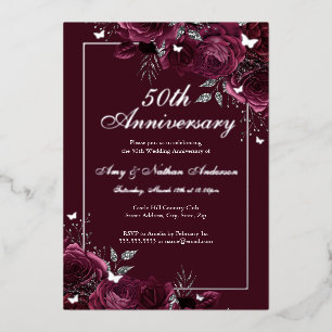 Floral Butterfly Burgundy 50th Wedding Anniversary Foil Invitation