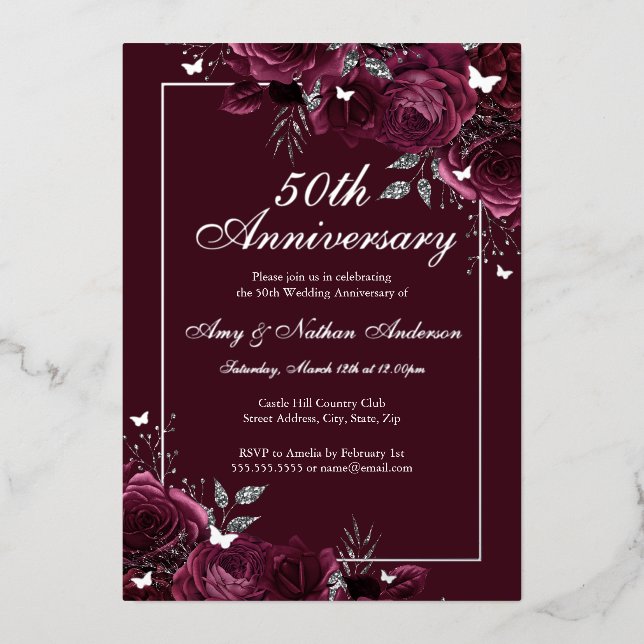 Floral Butterfly Burgundy 50th Wedding Anniversary Foil Invitation (Front)