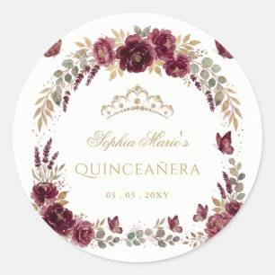 Floral Butterfly Burgundy Gold Tiara Quinceañera Classic Round Sticker