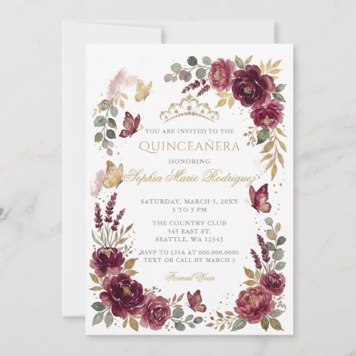 Floral Butterfly Burgundy Gold Tiara Quinceañera Invitation