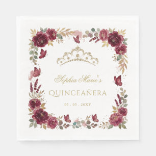 Floral Butterfly Burgundy Gold Tiara Quinceañera Napkins