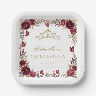 Floral Butterfly Burgundy Gold Tiara Quinceañera Paper Plates
