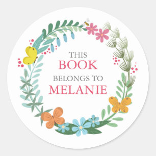 Floral Butterfly Colorful Wreath Bookplate Sticker