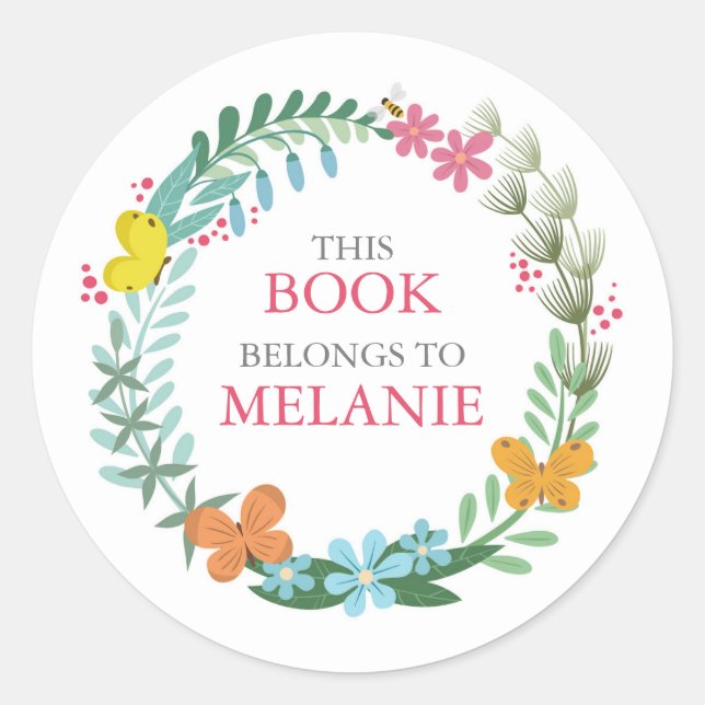Floral Butterfly Colorful Wreath Bookplate Sticker (Front)