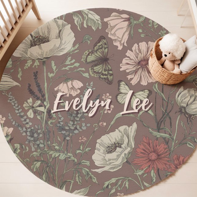 Floral Butterfly Custom Name Nursery Rug (Creator Uploaded)