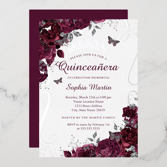 Floral Butterfly Elegant Burgundy Quinceanera Foil Invitation (Front/Back)