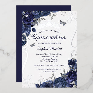 Floral Butterfly Elegant Navy Quinceanera Foil Invitation