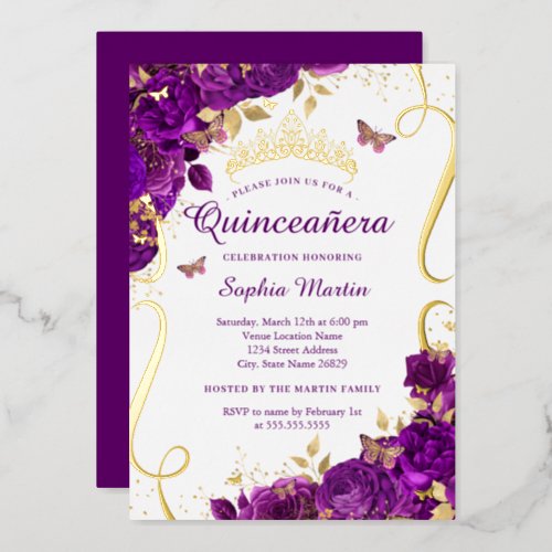 Floral Butterfly Elegant Purple Quinceanera  Foil Invitation