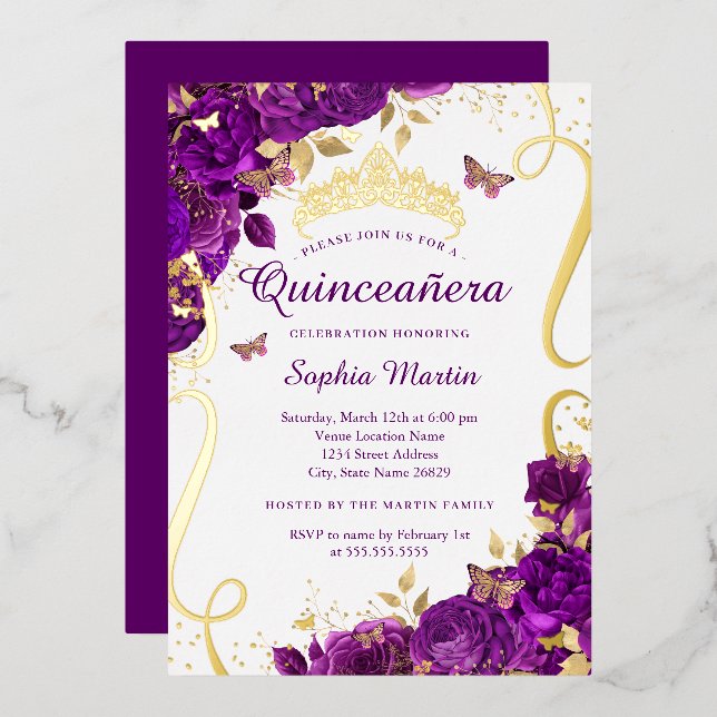 Floral Butterfly Elegant Purple Quinceanera  Foil Invitation (Front/Back)