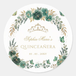 Floral Butterfly Emerald Gold Tiara Quinceañera Classic Round Sticker
