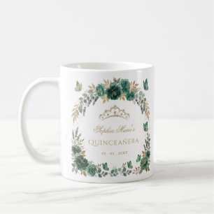 Floral Butterfly Emerald Gold Tiara Quinceañera Coffee Mug