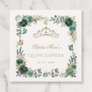 Floral Butterfly Emerald Gold Tiara Quinceañera Favor Tags