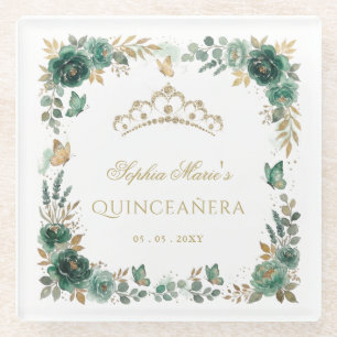 Floral Butterfly  Emerald Gold Tiara Quinceañera Glass Coaster