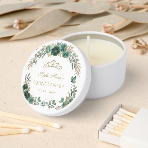 Floral Butterfly Emerald Gold Tiara Quinceañera Mini Candle Favors
