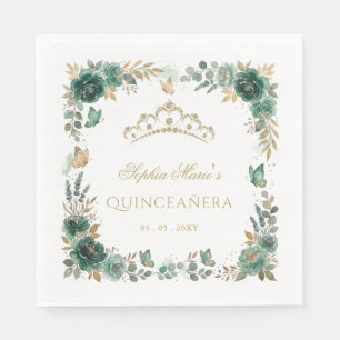 Floral Butterfly Emerald Gold Tiara Quinceañera Napkins