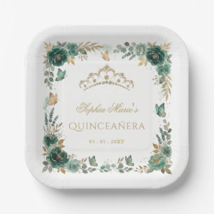 Floral Butterfly Emerald Gold Tiara Quinceañera Paper Plates